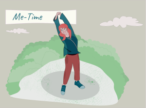 Eine entspannte Frau, die einen ruhigen Moment nimmt und sich genüsslich streckt: kleine Zeitinseln im Alltag für mehr Me-Time.