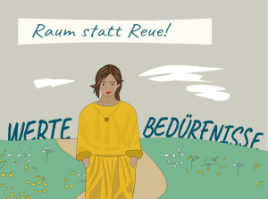Illustration einer nachdenklichen Frau auf einem Weg, umgeben von blühenden Wiesen. Am Horizont erscheinen die Begriffe ‚Werte‘ und ‚Bedürfnisse‘ – ein Sinnbild für den inneren Konflikt, wenn das schlechte Gewissen an dir nagt.