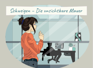Schweigen am Arbeitsplatz überwinden - Junge Frau steht nachdenklich vor der gläsernen Wand eines modernen Büros. Im Inneren sitzt eine schemenhafte Person, abgewandt, in sich gekehrt – zwischen ihnen liegt eine stille, unsichtbare Distanz.