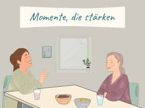 Routinen der Selbstfürsorge: Zwei Frauen sitzen entspannt am Küchentisch, lachen und unterhalten sich herzlich. Die Atmosphäre strahlt Nähe, Leichtigkeit und gemeinsame Ruhe im Alltag aus. Praxis für Psychotherapie Essen-Werden Barbara Leppelt