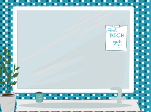 An einem Badzimmerspiegel hängt ein Zettel mit einem Kraftsatz "Find dich gut"