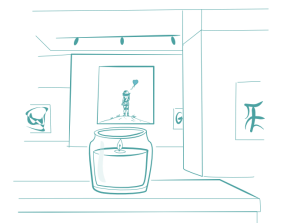 Duftkerze in einem Museumsraum, im Hintergrund ein Bild mit einer Figur – Illustration zur Ambivalenz zum Jahresbeginn