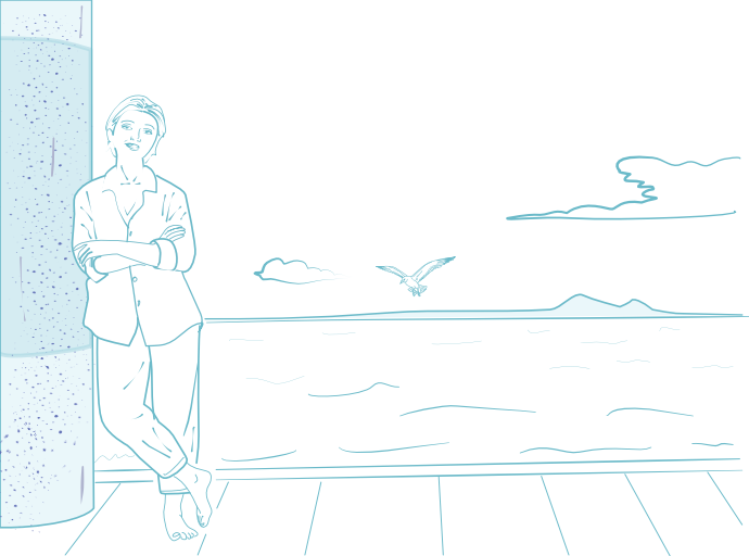 Mental Load, Person lehnt sich entspannt an während im Hintergrund eine Küstenperspektive mit ruhigem Wellenfluß, Wolken und einer Möwe erscheint.